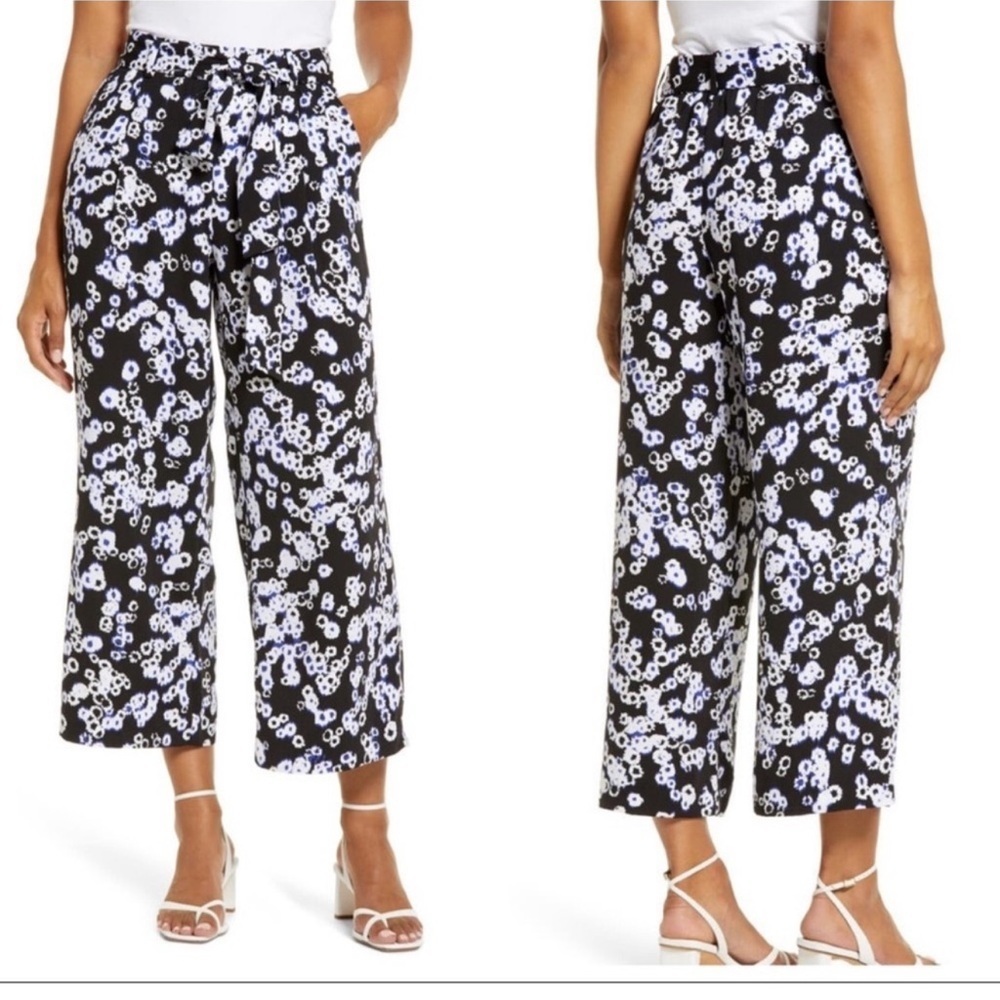 Halogen Women's Black Deacon Floral Wide Leg Crop Pants Tie Waist Size XL